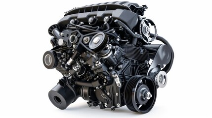 A car engine, representing modern automotive technology, is isolated on a white background.