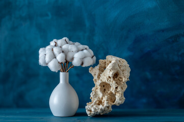 Conceptual still life with levitating tuff stone and a bouquet of cotton branches in a vase on a...