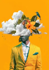 Surreal Portrait of Man in Yellow Striped Suit with Tropical Headwear and Bird, Abstract Minimalist Illustration with Orange Palette
