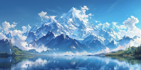 Majestic Mountain Range Reflecting in Still Lake Water on a Sunny Day