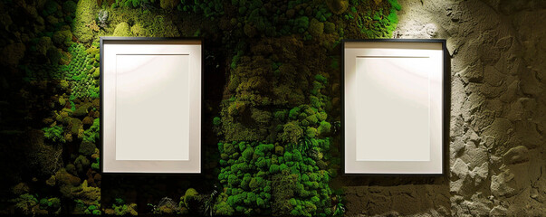 Two empty white frames with dark borders in an architectural studio, centrally spotlighted and angled--one facing slightly forward 