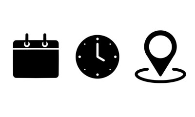 Date, time, location icon in flat style. Event message vector illustration on isolated background. Information sign business concept.