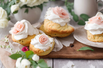 Cakes with snow-white icing, white rose flowers.
