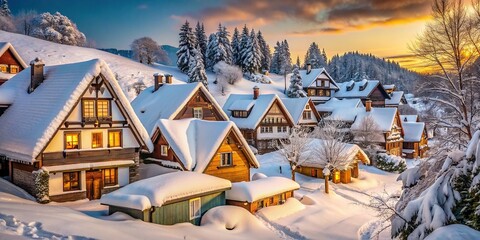 Cozy houses covered in snow in a picturesque village during winter