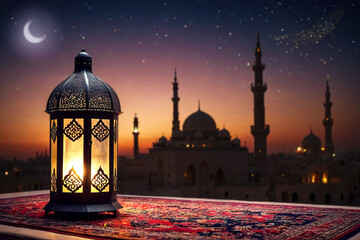 Arabian lamp on Persian rug in front of mosque