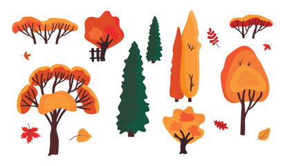 Autumn season collection with trees,foliage and bushes. Various types of deciduous trees and conifers.Yellow,orange and brown colors.Vector botanical design set isolated on white background.