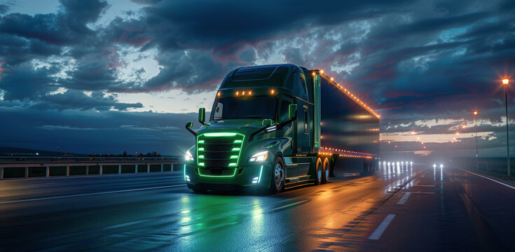 Green Semi-Truck Driving on Wet Highway at Night - Powered by Adobe