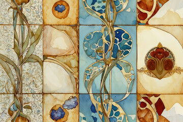 Abstract watercolor art nouveau botanical illustrations with fluid shapes and organic forms and intricate patterns. Nature-inspired wall art for design and print