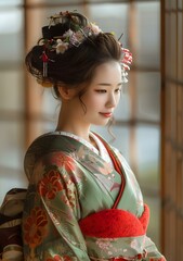 Portrait of a Japanese woman wearing a kimono
