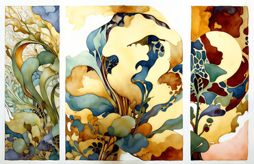 Obraz premium Abstract watercolor art nouveau botanical illustrations with fluid shapes and organic forms and intricate patterns. Nature-inspired wall art for design and print