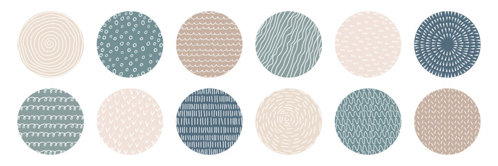 Set of highlight cover icons for social media in pastel colors. Circles with doodle hand drawn texture. Natural color. Modern abstract backgrounds collection
