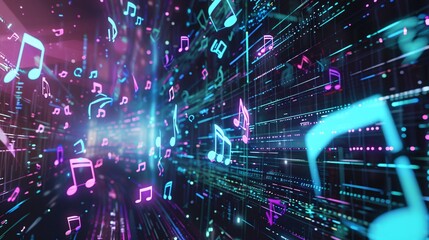 Obraz premium AI-generated musical notes floating in a cyber-themed environment