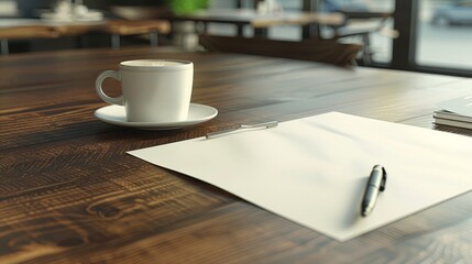 Fototapeta premium A close-up view captures a coffee cup, pens, and a paper sheet on a wooden conference table, presented in a 3D rendering.