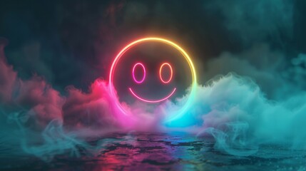 Celebrating World Emoji Day: A Vibrant Neon Smiley Face Emoji Glowing in Colorful Fog on a Dark Background