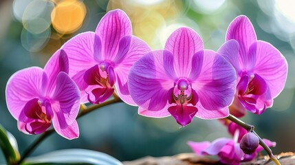 Naklejka premium A cluster of pink blossoms resting atop a wooden board in front of a verdant foliage arrangement