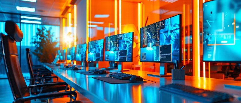 Futuristic Office Interior with Diverse Team Engaged in Technology, Showcasing Ergonomic Design and High-Tech Workspace during Evening