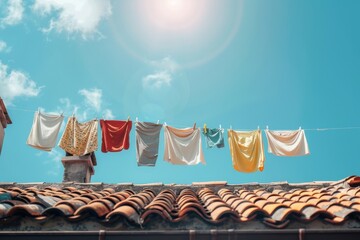 Clothes are dried on the clothesline in the rooftop in the sun with blue sky.