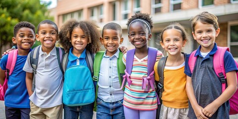 Stock photo of school bag with diverse children