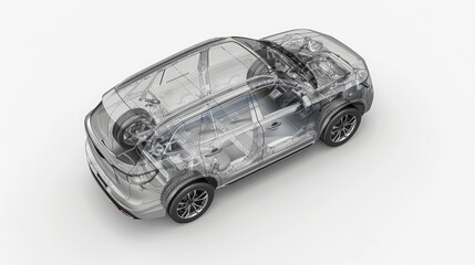 Fototapeta premium A detailed cutaway representation of a generic SUV, viewed from the top, is presented with a ghost effect and isolated on a white background.