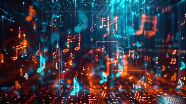 Holographic music notes and symbols floating in a cybernetic environment