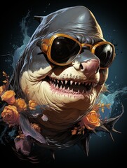 Shark with Sunglasses Logo on Fashionable Graphic Design Tee