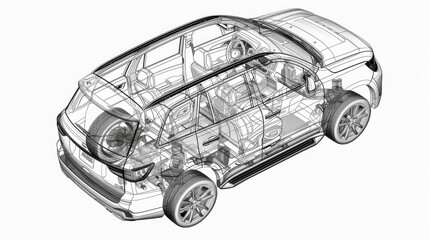 Fototapeta premium A detailed cutaway representation of a generic SUV, viewed from the top, is presented with a ghost effect and isolated on a white background.