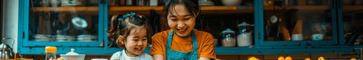 Joyful Asian Grandmother and Grandchildren Baking Cookies in a Sunny Home Kitchen