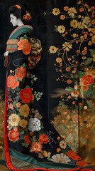 A woman wearing a kimono with a floral pattern