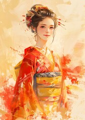 Naklejka premium An illustration of a Japanese woman in a red kimono