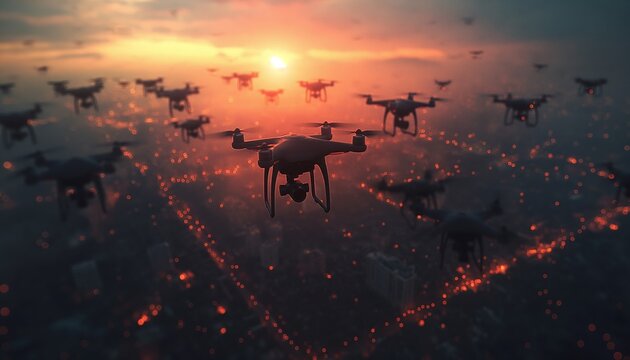 Swarms of drones flying at sunset