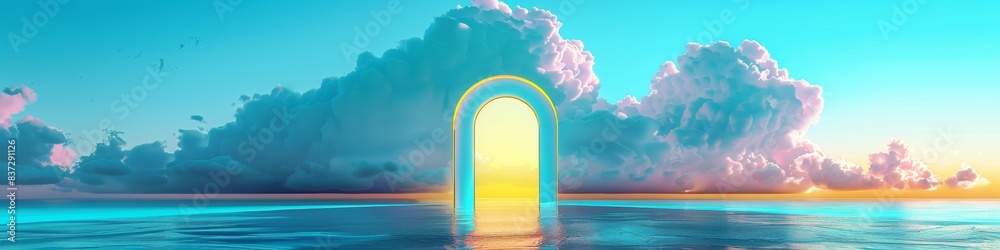 Aufkleber surreal minimalist seascape with clouds and arched doorway at sunset, emphasizing modern surrealism 