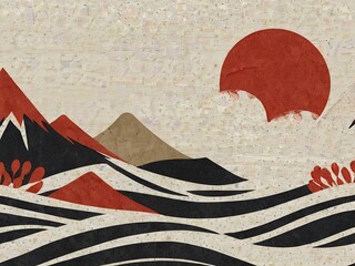 Modern Japanese pattern. Mountain collage graphic background