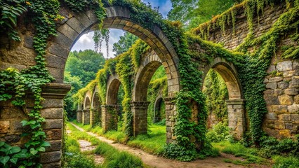 Ancient stone arches covered in ivy and vines