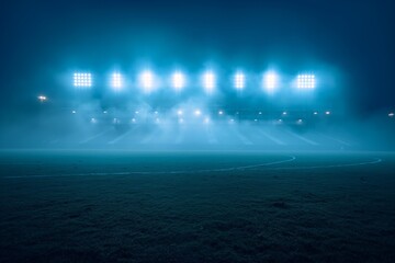 Foggy soccer field under bright stadium lighting