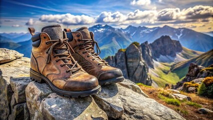 Pair of sturdy hiking boots on the edge of a rocky mountain peak