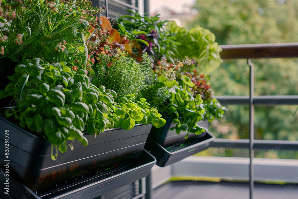 Wall mural A smart balcony garden with vertical planters, automated irrigation systems, and AI-controlled climate sensors that optimize growing conditions for a variety of plants and herbs, even in urban  - Wall murals