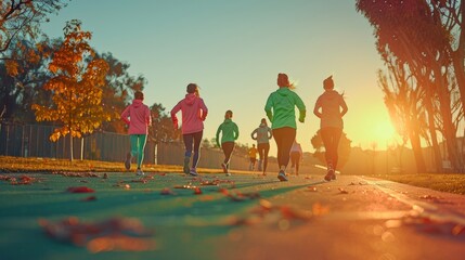 Morning Run in the Park: Mixed Group of Friends Embrace Fitness and Friendship at Sunrise