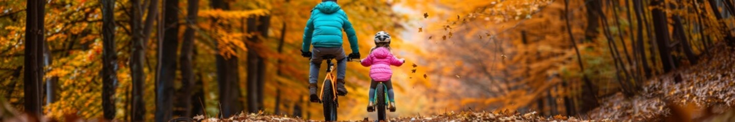 Father and Young Daughter Enjoy Biking on Autumn Forest Trail: A Heartwarming Scene of Family Bonding and Nature Enjoyment