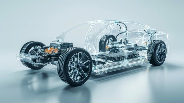 A line art 3D illustration displays a modern electric car chassis x-ray, revealing the vehicle battery in a studio environment.