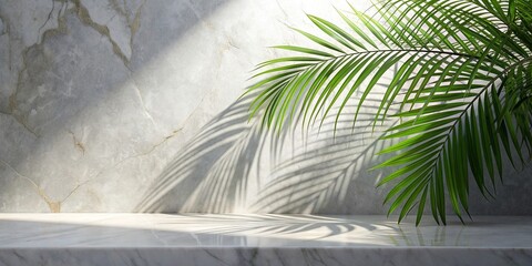 White marble stone counter with palm tree in sunlight and leaf shadow on concrete wall background for luxury organic cosmetic