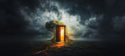 Mysterious door in wall opening to a stormy sky