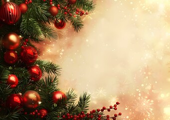 Christmas background with fir branches and red balls