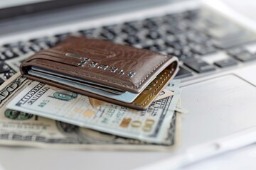 Computer keyboard and Credit card on wallet with dollar money on white background