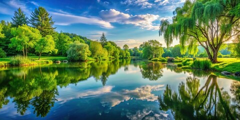 Tranquil landscape of a serene nature scene with lush greenery and peaceful water reflections