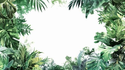 Fototapeta premium Intricate watercolor rainforest canopy frame, with a nature-inspired border full of vibrant greens, forming a beautiful illustration isolated on white background
