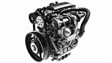 A new car engine is depicted isolated on a white background in a black and white image.