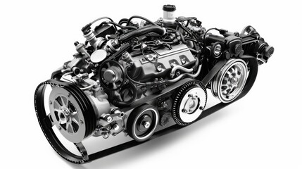 A new car engine is depicted isolated on a white background in a black and white image.