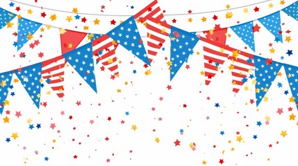 Obraz premium Colorful American flag bunting in a flat design, representing national pride and freedom, set against a white background (focus on, freedom theme, vibrant, Overlay, plain white backdrop)