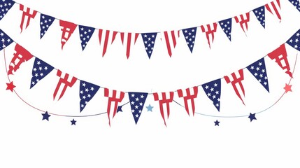 Obraz premium Colorful American flag bunting in a flat design, representing national pride and freedom, set against a white background (focus on, freedom theme, vibrant, Overlay, plain white backdrop)