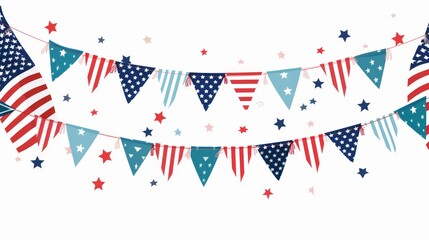 Obraz premium Colorful American flag bunting in a flat design, representing national pride and freedom, set against a white background (focus on, freedom theme, vibrant, Overlay, plain white backdrop)